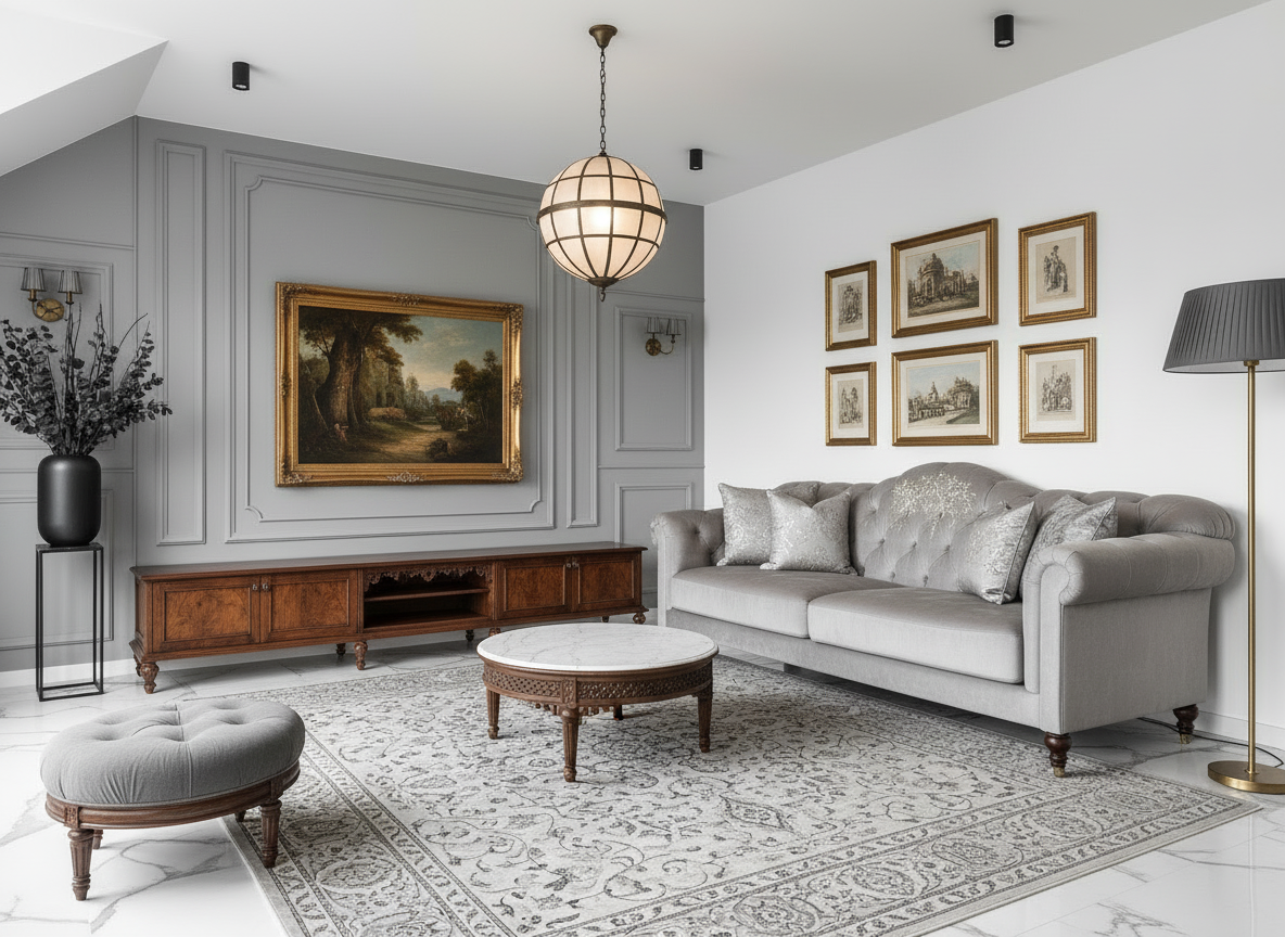 Classical Indian Drawing Room | Cool Grey & White Design
