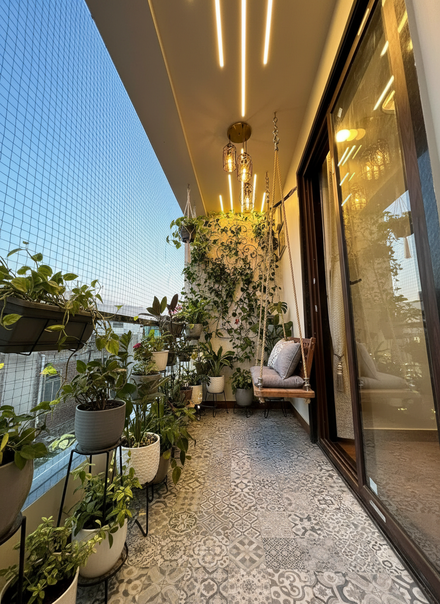 Maximalist Balcony Garden Design | Cool Neutrals Decor
