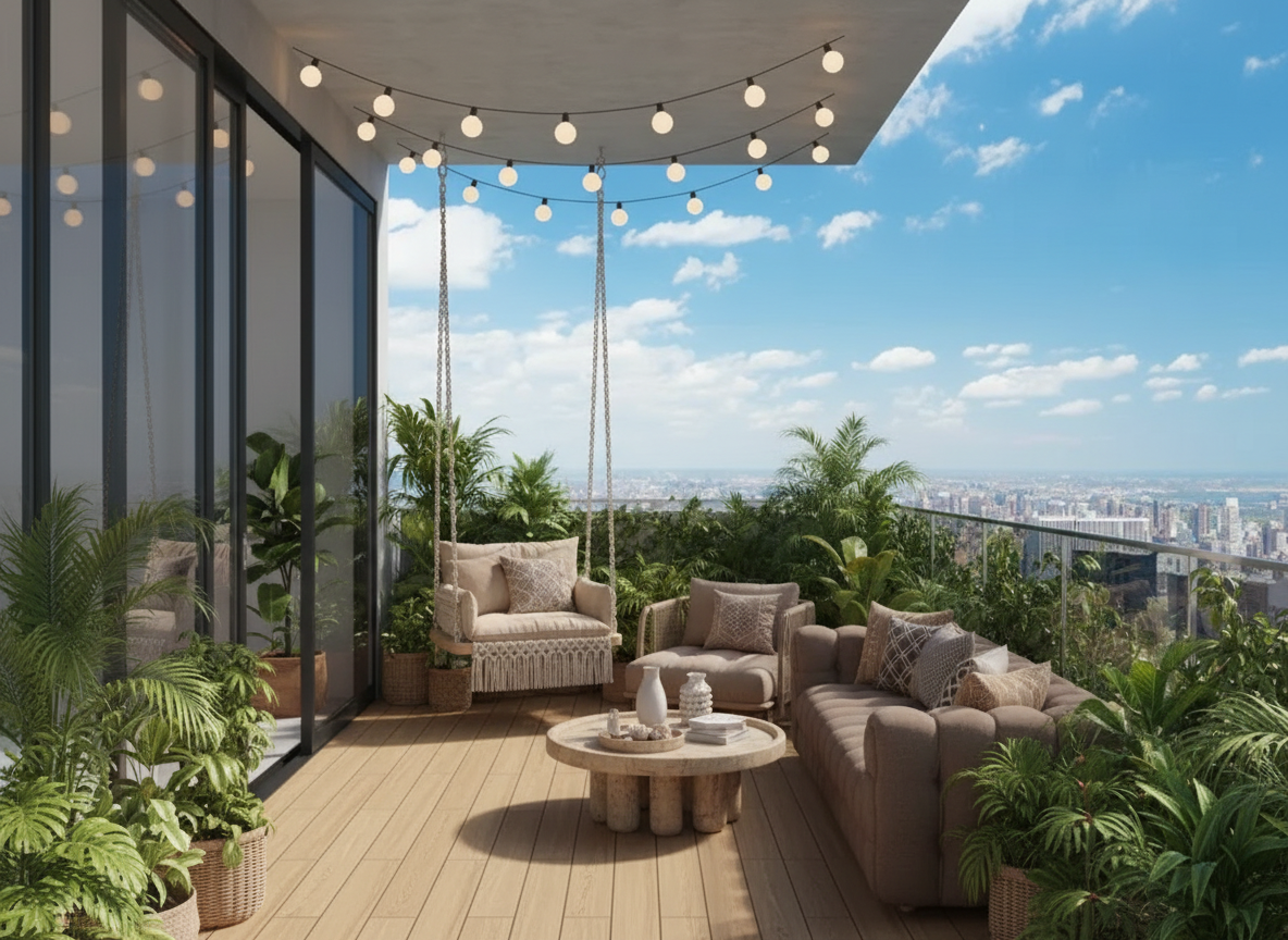 Maximalist Balcony Design - Warm Neutrals & Greenery