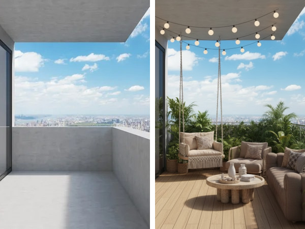 Maximalist Balcony Design - Warm Neutrals & Greenery