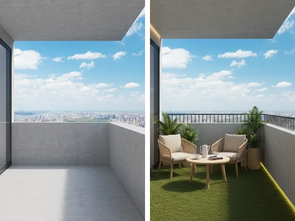 Modern Luxury Balcony Design - Coffee Corner with Grass Turf